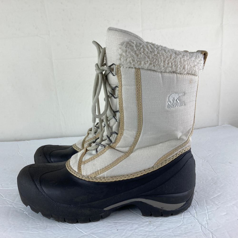 Sorel Winter Snow Boots Women 8 Cream Black Thinsulate Faux Fur Gorpcore Warm - Picture 2 of 8